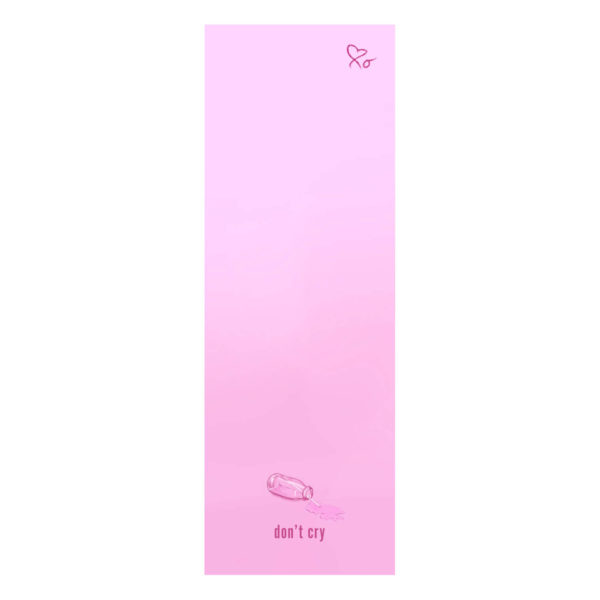 Image of the Pink "Spilt Milk" bookmark - the girl is now gone, the glass of strawberry milk has fallen on the floor and spilt all of its contents. Dark pink text stating "don't cry" displays under it.