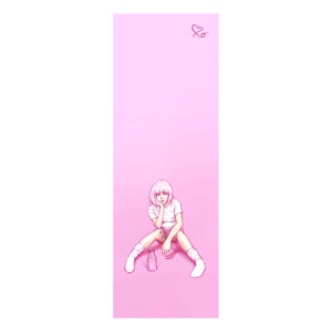 Image of the front of the "Spilt Milk" bookmark - a woman sitting in a white background. She has her cheek cupped in her right palm leaning forward over her knees. She sits over a glass bottle of strawberry milk.