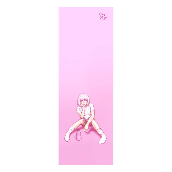 Image of the front of the "Spilt Milk" bookmark - a woman sitting in a white background. She has her cheek cupped in her right palm leaning forward over her knees. She sits over a glass bottle of strawberry milk.